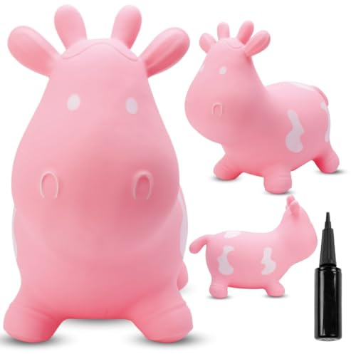 sun baby Hüpftiere ab 1 Jahr mit Pumpe aufblasbares Hüpfspielzeug aus Hochwertigem und Strapazierfähigem Gummi, Verschiedene Designs (Rosa Kuh)