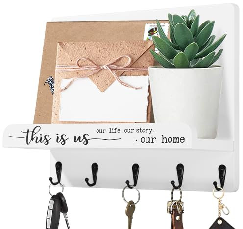 AOAOPQ Key Holder with Shelf - White Farmhouse Key and Mail Holder - Decorative Key Hooks for Entryway, Bedroom, Bathroom - Wall Organizer