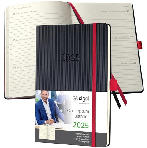 SIGEL C2508 Wochenplaner Wochenkalender 2025, ca. A5, schwarz, rot, Hardcover, 192 Seiten, Gummiband, Stiftschlaufe, Archivtasche, aus nachhaltigem Papier, Conceptum