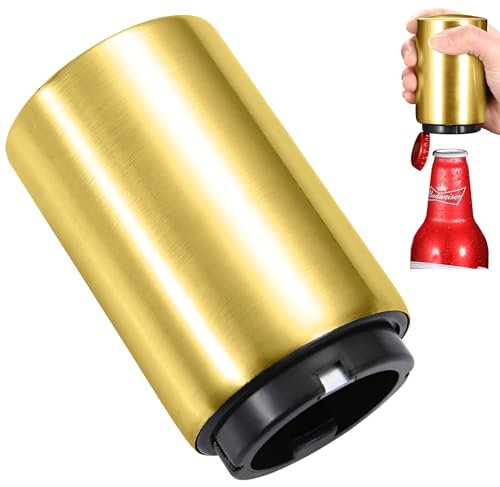 Abrebotellas Automático, Abrebotellas de Acero Inoxidable Magnético, Push&Pull Abridor Cerveza, 5.3x8.5 cm Abridor Cerveza Original, Amantes de la Cerveza y Manos Débiles(oro rústico）