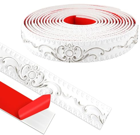 Wandleisten Selbstklebend, Deckenleisten Selbstklebend, 3D Deckenleisten Styropor füR Spiegelkanten, MöBel, TüRrahmen, Decken, Wohndekoration (Weiß mit Silber, 600cm*3.6cm)