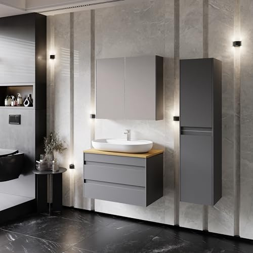Badezimmermöbel Set Lara Konsole 80 Anthrazit | Keramikwaschbecken | Unterschrank | Spiegelschrank | Softclose-Schubladen & -Türen & unsichtbare Griffe | Moderner Stil | Badmöbel Waschtisch