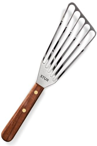STUR Pfannenwender für Linkshänder, Edelstahl mit Nussbaumgriff | Schlitzwender, Bratenwender, flexibel & rostfrei, für sämtliche Speisen & Küche, für Gusseisenpfannen, Made in Germany