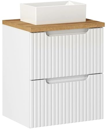 Lomadox Badezimmer Waschtisch 50cm mit Keramikwaschbecken, weiß und Eiche mit gerillter Front