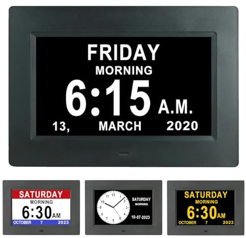 VHV 7 Pouces LCD Horloge Numérique avec Calendrier, Date, Jour et Heure Auto-Dimming 8 Langues HD Display Rappel pour Alzheimer, Personnes Âgées et Enfants (Noir)