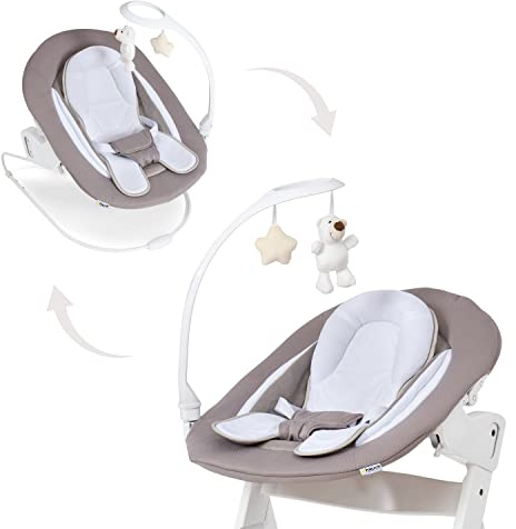 hauck Alpha Bouncer Deluxe, Sand - Baby Seat with Toy Bar for Alpha+ Wooden Highchair with 3-Point Hip Harness, Bouncing Frame & Seat Reducer, from Birth up to 9 kg