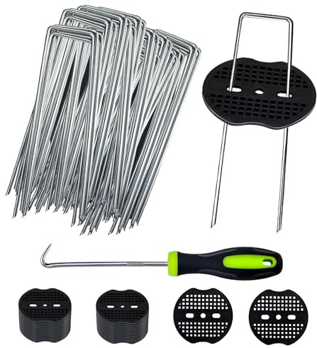 Hmfmdy 100 Pcs Weed Control Membrane Pegs + 100 Pcs Buffer Washer, Metal Garden Peg Set, 6/150mm Weed Mat Pegs, Garden Landscape Staples for Fixed Fences, Lawns, Tarpaulins Hose and Weed Barriers