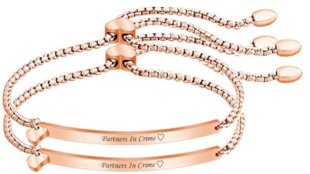 2 Pack-Partners in Crime Stainless Steel Love Heart Thin ID Bar Rolo Chain Matching Relationship Adjustable Link Bracelets for Friends Couple Family,Rose Gold Plated