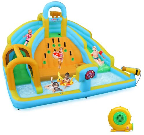 Bonnlo Chateau Gonflable, Piscine Gonflable Enfant avec Double Toboggan，Structure Gonflable avec Souffleur，395 x 350 x 260 cm