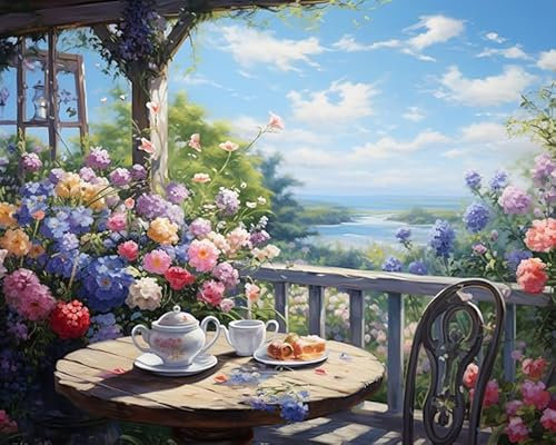 Garden View Adults' Paint-by-Number Kits,Table and Tea Set,DIY Acrylic Painting Kits Hobbies for Adult Crafts On Canvas Oil Painting,40x50cm Frameless