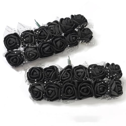 Anevous 12 Stück Künstliche Schaumrosen mit Stiel, 2cm Kunstrosen Blumenköpfe, Deko Blumen Schaum Rosenstrauß, Kunstblumen Rosen Basteln für Basteln Party Hochzeit Brautstrauß,Schwarz