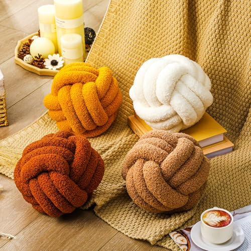 Beeveer 4 Pcs Knot Pillow Ball Soft Sherpa Throw Pillow 8.6'' Decorative Round Accent Pillows Aesthetic Decor Handmade Cushion for Home Couch Bed Sofa Chair(Warm)