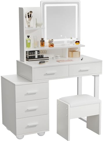 ZenkiHome Schminktisch mit Spiegel und Beleuchtung, 80 cm Tisch mit Seitenschrank, Metallbeine, Hocker inklusive