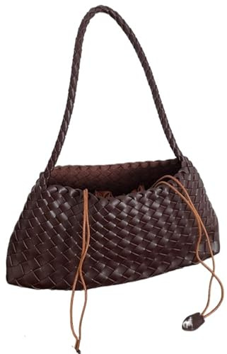 WTAXBH Gewebte Tasche Handgewebte PU-Damentasche, Gemüsekorb-Segelboot-Eimertasche, lässige Urlaubshandtasche, Umhängetasche(Choco)