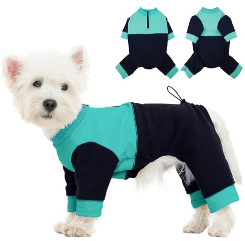 Kuoser Hundepullover Hundeschlafanzug, Warmer Fleece Hund Pullover mit 4 Beinen, Weicher Elastischer Hundebody mit Reißverschluss und Kordelzug für Kleine Hunde Winterkleidung, Blau S