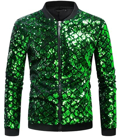 Giacca lucida da uomo con paillette, giacca bomber con zip, giacca da baseball, 70S, felpa da discoteca, lucida, metallizzata, per feste di Natale, per attività all'aria aperta, con glitter, verde
