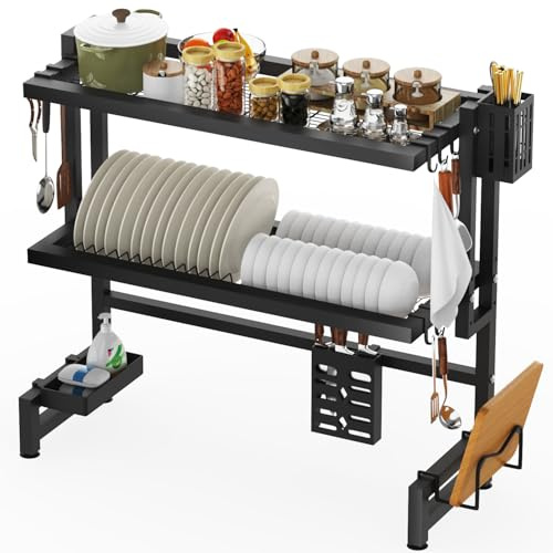 Over The Sink Dish Drainer & Drying Rack - 2 Tier Kitchen Storage Organiser with 8 Hooks, Knife Holder, Chopsticks Utensil Pot, Cutting Board Stand and Storage Basket, Space-Saving (84x27x73cm)