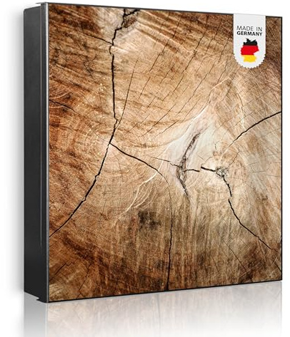 banjado Großer Schlüsselkasten Metall - Schlüsselbox 30x30cm beschreibbarer mit 32 Haken - Schlüsselkasten modern für Schlüsselaufbewahrung - Korpus Schwarz Scharnier Links - Motiv Getrocknetes Holz