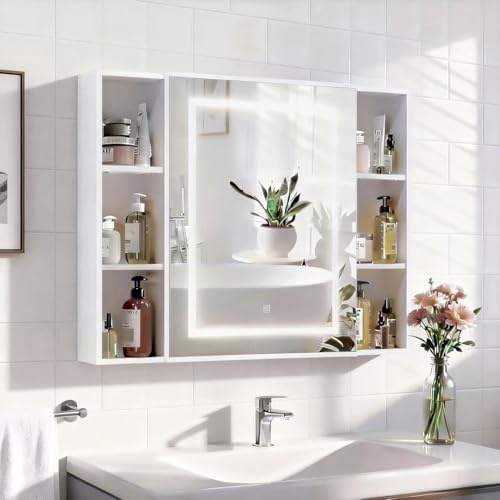 Spiegelschrank Bad mit Beleuchtung,Spiegelschrank mit Offenen Regalen | 3-Farben-LED, Helligkeitsregelung & HD-Spiegel für Badezimmer (100x76x13.5cm)