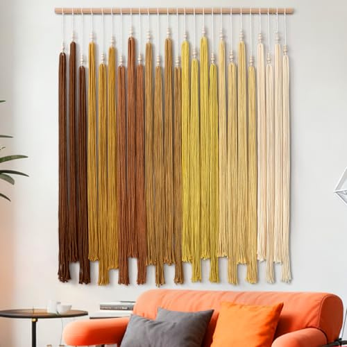 UXORSN Gran tapiz de macramé colgante, perlas chic bohemio, borla, tapiz de pared amarillo con degradado geométrico, estética boho, decoración de pared tejida a mano, tapiz para dormitorio, sala de