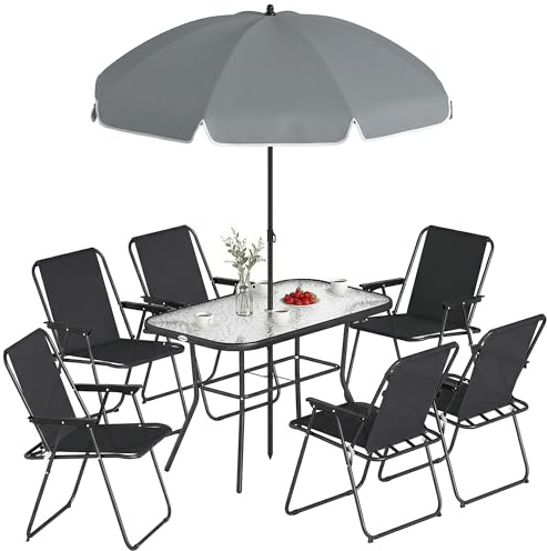 Outsunny Set Tavolo e Sedie da Giardino 8 Pezzi con Ombrellone Nero