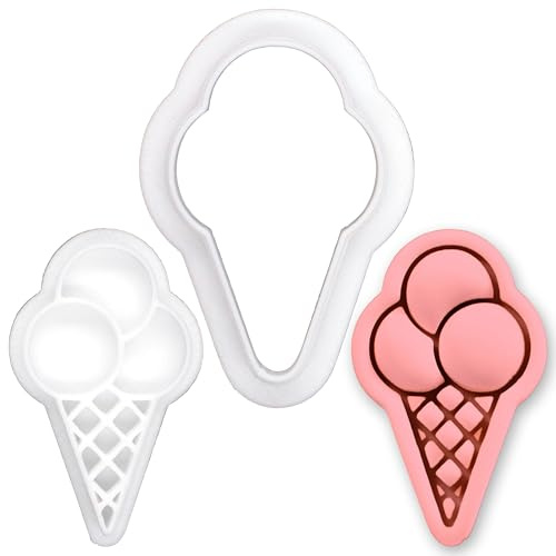 BAKERLOGY Ice Cream Cone Mini Cookie Cutter and Stamp Set – Fondant Embosser, Cupcake Topper for Summer, Birthday, Party, Dessert Baking Decoration Tool