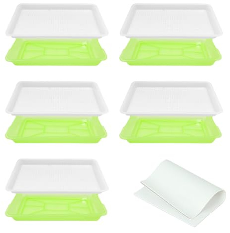 Richaa 5 Pack Small Seed Sprouter Trays Set, 22 CM Small Hole Sprouting Seed Trays for Seedlings & 24 Planting Papers, Microgreens Growing Kit for Mung Beans Wheat Grass Hydroponics Green Alfalfa