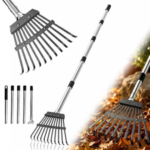 WDKXCN Rechen Garten, 11 Zinken Metall Laubrechen mit Stiel, 90 bis 194 cm verstellbare Metallstange Laubbesen, Harke Rasenharke Rechen Fächerbesen zum Aufsammeln von Laub, Höfe, Sträuchern