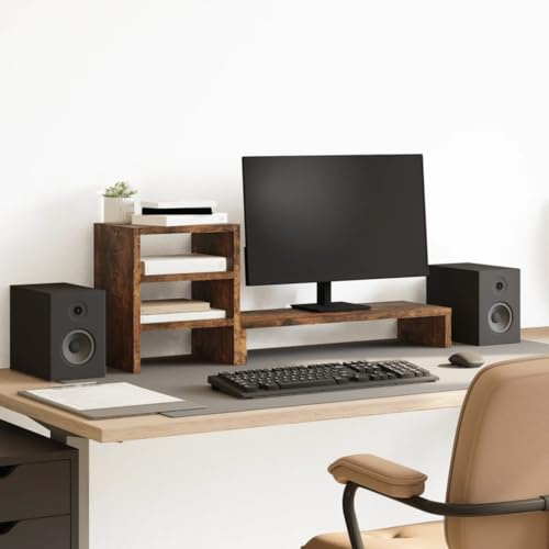LoogCape monitorstativ med skrivbordsorganisatör rökek höjdjusterbart ergonomiskt för kontor, hemmakontor, spel och stående bord, vikbar, med kabelrulle, hylla, tangentbordshållare och fläkt