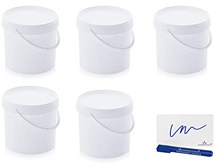 MARKESYSTEM Cubo HERMÉTICO Pack de 5 x 5,6 litros - Contenedores Apilables de Plástico con Tapa - Envase Alimentos, Catering Industrial, Líquidos y Pinturas - Polipropileno Blanco + Kit Etiquetado