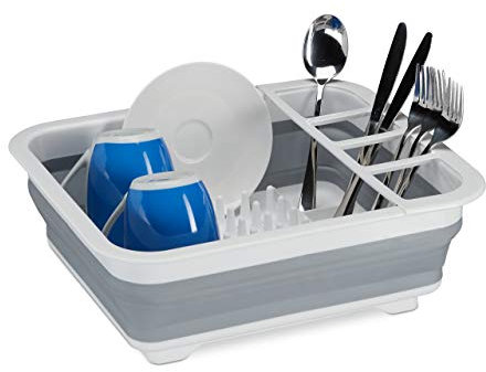 Relaxdays Scolapiatti Pieghevole, Piatti & Posate, Gocciolatoio da Cucina & Campeggio, Silicone, Plastica, Bianco-Grigio