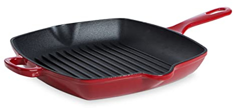 BK Bourgogne Poêle à Griller Antiadhésive à Induction en Fonte Émaillée, 26 cm, Sans PFAS, Lavable au Lave-Vaisselle, Chilli Red