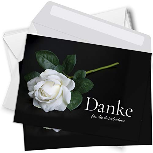 Einladungskarten Manufaktur Hamburg Trauer Danksagungskarten mit Umschlag | Motiv: Rose weiß, 10 Stück | Dankeskarten Din A6 Set | Trauerkarten Danksagung Danke sagen