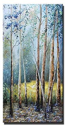 WunM Studio CE Handgefertigtes Ölgemälde auf Leinwand, Birkenwald, abstrakte Landschaft, handbemalt, Wandkunst, Bilder für Wohnzimmer-Dekoration, Grün, 10 x 220 cm (110 x 220 cm)