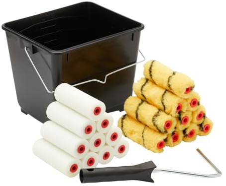 ProDec 22 piece Emulsion and Gloss 4 inch Mini Paint Rollers, Ceilings, 4 | Frame and 2.5 litre Scuttle Set for a Smooth Finish with Emulsion, Gloss and Satin Paints on Interior Walls, Wood and Metal