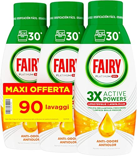 Fairy Lessive Lave-vaisselle Gel Liquide, 90 lavages, Lot de 3 bouteilles, Platinum Citron, donne Extra Brillance au Lave-vaisselle, Combine Nettoyage Brillant et Fraîcheur