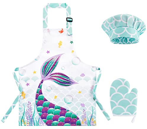 WERNNSAI Meerjungfrau Schürze Set – Schürze für Kinder, Mädchen, Lätzchen mit verstellbarem Gurt, Kochmütze und Handschuhen zum Kochen, Malen (klein, 6-10 Jahre)