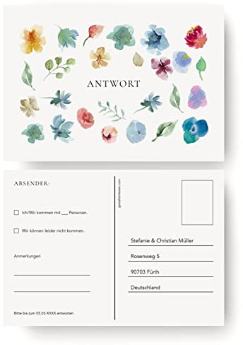 (10 x) Antwortkarten Hochzeit Hochzeitskarten Antwort Postkarte Einladung - Aquarell