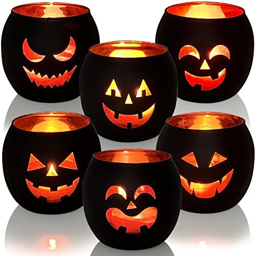 Halloween Table Decor Set of 6, Jack O Lanterns Black Glass Votive Tealight Candle Holders, Halloween Decorations Indoor Party Mantel Coffe Table Centerpiece Decor