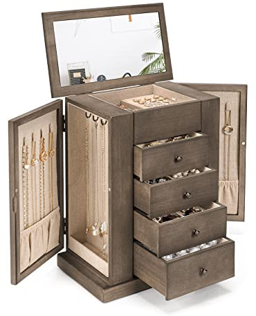 Emfogo Jewelry Box for Women, 5 Layer Large Wood Jewelry Boxes & Organizers for Necklaces Earrings Rings Bracelets, Rustic Jewelry Organizer Box with Drawers and Mirror(Weathered Gray)