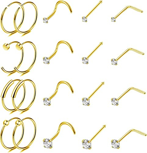 JeweBella 20 Stück Nasenpiercing Ring Nasenstecker für Damen Herren Chirurgenstahl Klein L-Form Nasenstecker Nostril Piercing Nase CZ Nasenringe Septumringe für Frauen Silber/Gold 18G 20G 22G