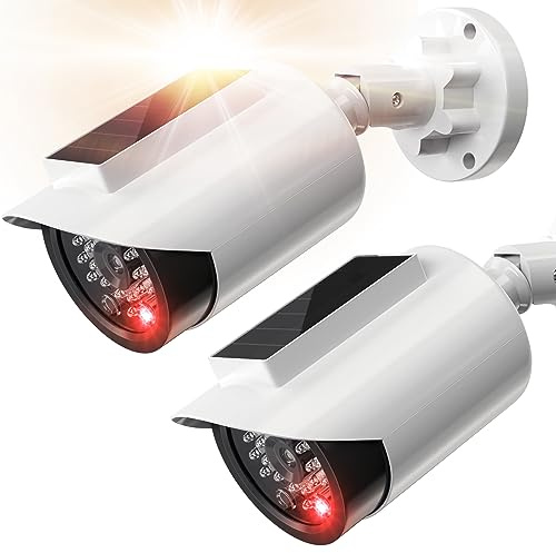 BNT Solar Powered Fake Security Camera, Bullet Shape Fake Surveillance Camera with Red LED Light for Night, Security Warning Sticker, for Outdoor Safety Alert (White 2Pack,Battery not Included)