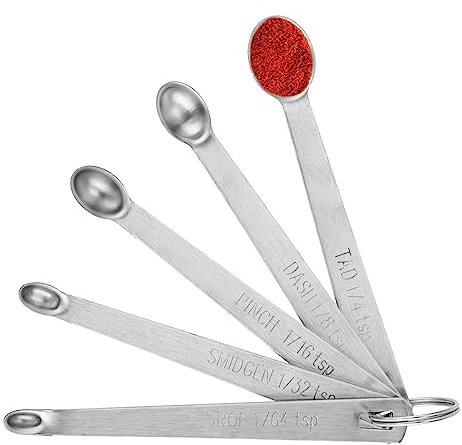 COMNICO 5er-Set Mini-Messlöffel, Robuster Edelstahl Kleiner Teelöffel, Mikro-Mg-Schaufel, 1/64, 1/32, 1/16, 1/8, 1/4 Teelöffel, für Zuhause, Küche, Kochen, Silberfarben