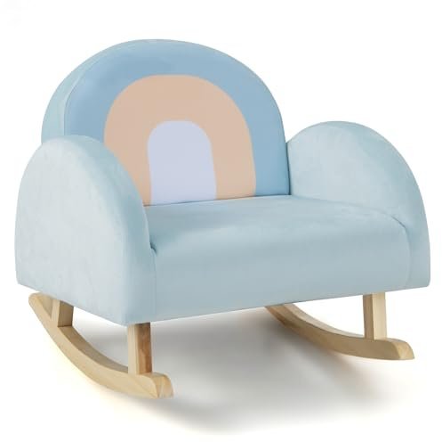 COSTWAY Sillón Infantil Mecedora, Sofá Tapizado para Niños con Estructura de Madera de Caucho Macizo y Funda de Terciopelo Suave para Guardería, Sala de Juegos, Dormitorio