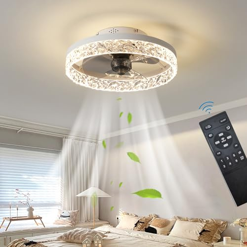 Exlafi Stumm Deckenventilatoren mit Beleuchtung Fernbedienung, Modern Ventilator Deckenleuchte LED Dimmbar Deckenventilatorlampen für Schlafzimmer Wohnzimmer, Ventilator umkehrbar (Weiß, 40CM)
