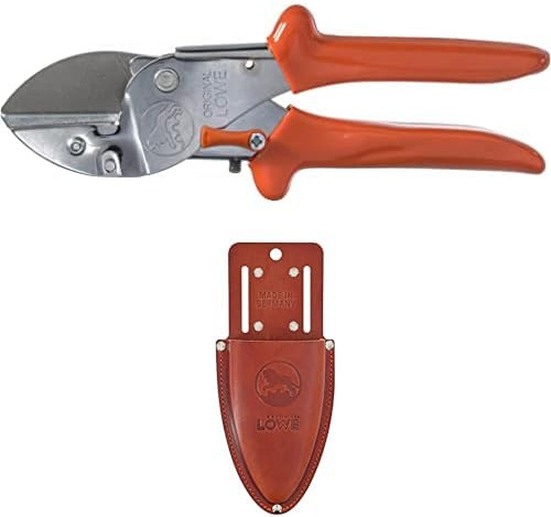 Original LÖWE Set bestehend aus Profi Amboss Gartenschere 2.104 für Schneidarbeiten an Obstbäumen & Leder Premium Holster 9809 mit Gürtel-Clip zur Aufbewahrung am Gürtel oder Hosentasche