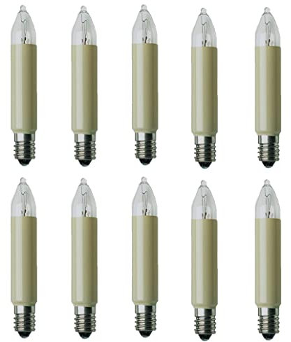 ShuoHui E10 Halogen Kleinschaftkerze 8V AC 3W Ø 11mm, Länge 65mm für INNEN - Ersatzlampe Schwibbogen u. Lichterketten - warmweiß 10 Stück (8, Volt)