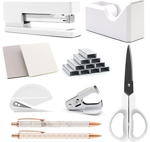 Tischhefter (white, 10 Stück) Weißes Bürozubehör, Geschenke für Frauen, Hefter- und Klebebandabroller-Set, Heftklammern, Heftklammerentferner, weißes Schreibtischzubehör für Büro, Schule
