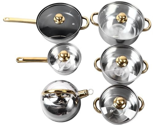 Set di Pentole in Acciaio Inossidabile con Manico Dorato per la Cucina Domestica