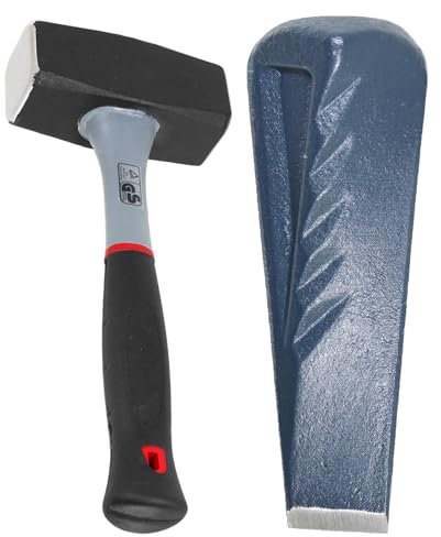 SPARES2GO Twisted Log Splitter 2.5KG 9 Steel Wedge + 2KG Lump Sledge Club Hammer Heavy Duty Kit